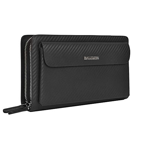 Balidiya Men Clutch Purse Bag Leather Wallet Card Holder Business 2 Zipper Black