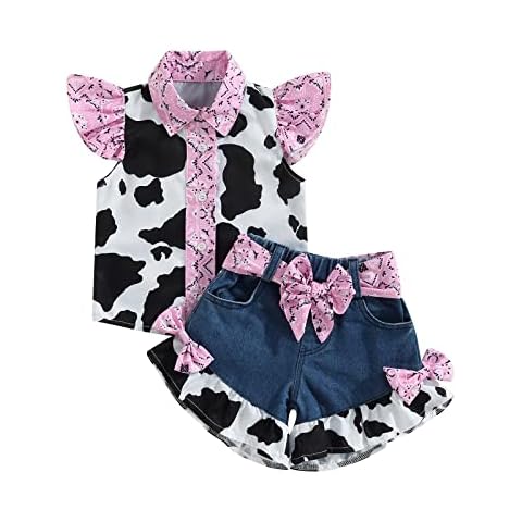 Emmababy Western Toddler Girls Denim Outfits Ruffle Sleeveless Cow Print Shirt Button Down Tops Belted Wide Leg Jeans Shorts(Blue,2-3 Years) Cover