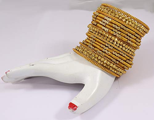 Image of NMII Golden Color Silk Thread & Glass Bangles Set For Girls & Women (Golden,2.2)
