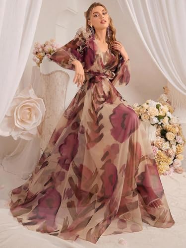 Image of TOLEEN Summer Casual Dresses for Women 2024 Spring Fashion Boho V Neck Long Sleeve Ruffle Floral Print Elegant Maxi Dress