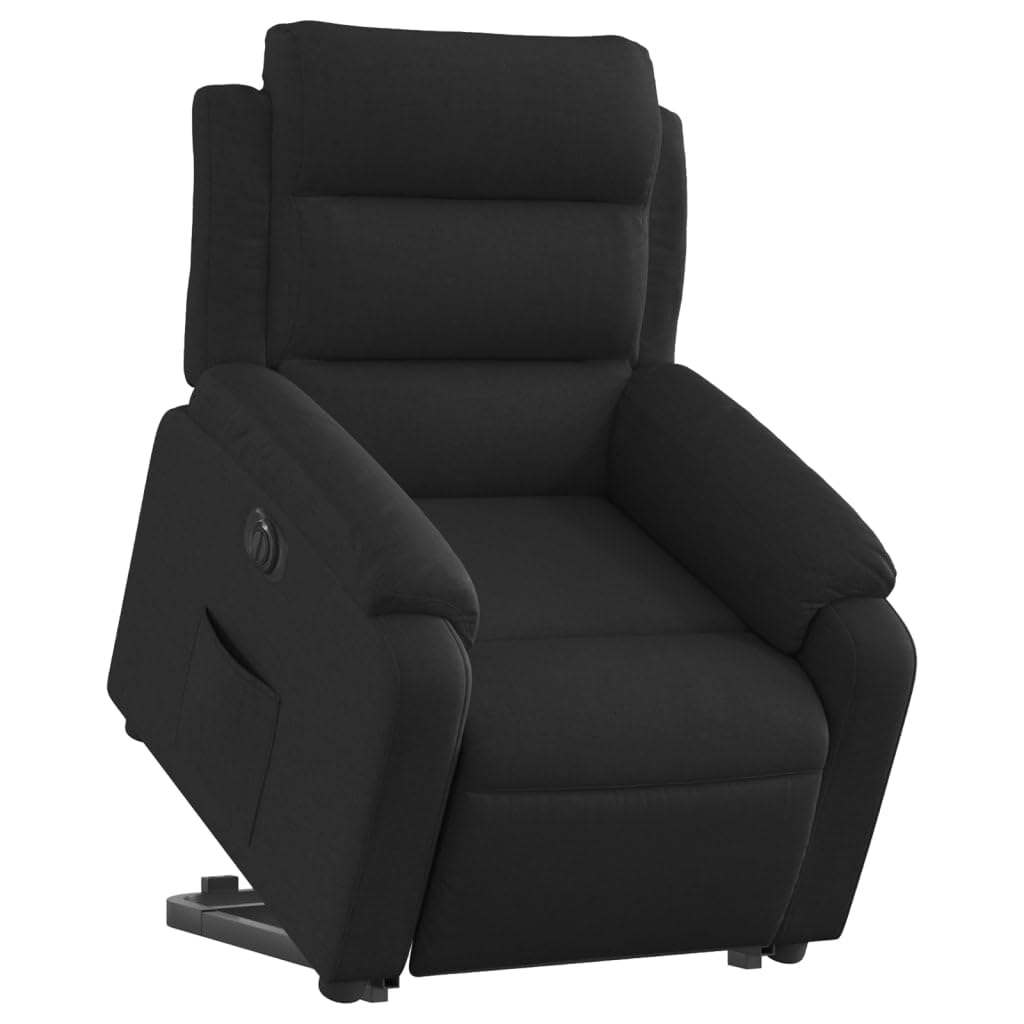 Sillón de relax con función reclinable eléctrica y ayuda para levantarse en tejido negro, respaldo de 135 grados y práctico bolsillo lateral, adecuado para hasta 110 kg