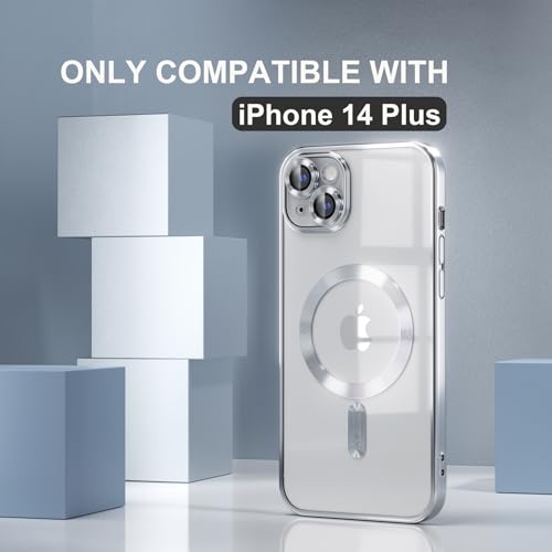 Image of Misea Magnetic for iPhone 14 Plus Case Compatible with MagSafe Silver | [Never Yellowing] [Military Drop Protection] Full Camera Lens Protector Plating Soft Clear Phone Case for Women, Silver