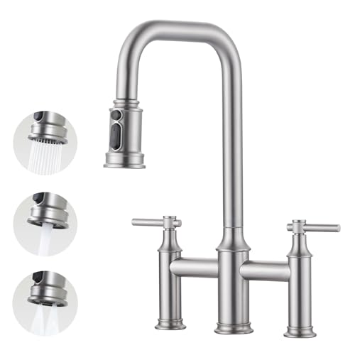 Bridge Kitchen Faucet Brushed Gold: Two Handles 8 Inch Centerset Brass - 3 Holes High Arc With Pull Down Sprayer for Farmhouse, 360 Swivel Spout