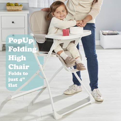 Primo PopUp Folding High Chair for Baby Age 6 to 36 Months - Taupe Folding Beach Style High Chair with Removable Dishwasher Safe Tray, 3pt Safety Harness, Leatherette Seat - Space Saving Design