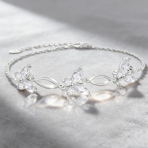 Image of Sterling Silver Butterfly Link Bracelet for Women,Adjustable Charming Dainty Jewelry,Ideal Gift for Mom,Wife and Her