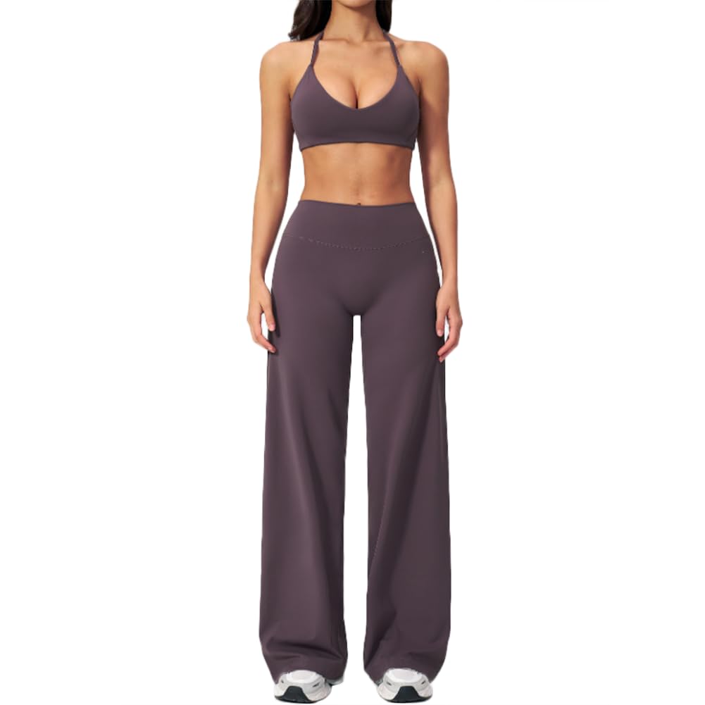 XYFfybhsd Women 2Pcs Casual Yoga Suit Straight Leg Wide Leg Pants Halter Neck Workout Bras Sports Fitness Set(Size:L,Color:Purple)