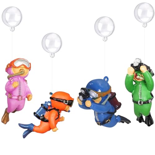 Image of 4 Pack Floating Fish Tank Decorations: Cute Little Diver Aquarium Decoration Cartoon Fish Playmate with Floating Device Fish Tank Accessories