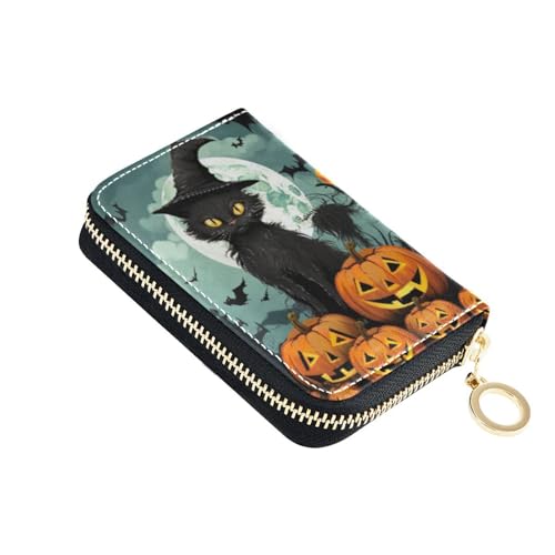 Halloween Pumpkin Black Cat Credit Cards Holder Purse for Women with Zipper,Leather Business Card Wallets for Ladies 202a0616