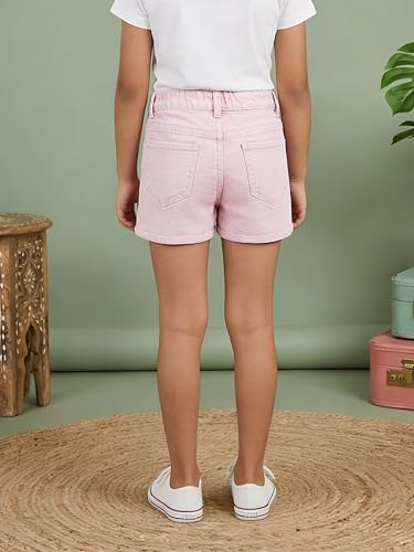 Image of KiddoPanti Girls Tight Length Rollup Denim Shorts with Lavender and Pink 3D Crochet Flowers