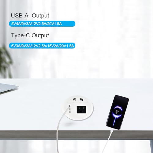 Image of Desktop Power Grommet with 33W Fast Charging USB-A+C, with 1 AC Power Outlet and 4.5FT Extension Cord Recessed Power Outlet for Conference Rooms, Office Tables, Furniture (White)