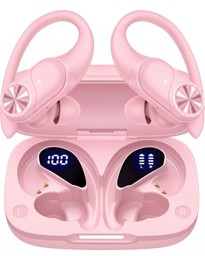 Image of PocBuds Bluetooth Headphones Wireless Earbuds 80hrs Playtime Wireless Charging Case Digital Display Sports Ear Buds with Earhook Deep Bass IPX7 Waterproof Over-Ear Earphones for TV Phone Laptop Pink