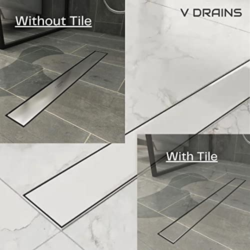 Image of 600x100 mm Tile Marble Insert Floor Shower Drain Channel | Linear (Long) Drain for Bathrooms, Floor, Balconies of SS (Grade AISI 304 18 /8) with Cockroach Trap | Center Outlet (24x4 inches)