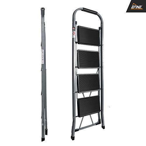 EFINE 4 Step Ladder, Slim Folding Design Step Stool, High Grade Steel with Smooth Powder Coating, Sturdy and Lightwight, Holding up to 330lbs. (Gray)