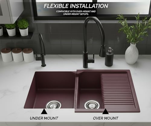 Image of EVANEX Quartz Sink for Kitchen|45x20x9 inch Double Bowl Kitchen Sink with Drain Board|Matt Finish|Brown Quartz Kitchen Sink with Sink Connector, Waste Pipe, Coupling and Drain Basket