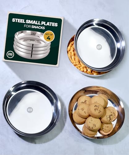 Image of MARU Steel Small Round Snacks /Serving Plates Set of 4 (18 cm Each), Multi-Utility Quarter /Diet Plates for Small Meals with Mirror Finish Design, Perfect for Breakfast, Nashta, Dessert & Daily Use