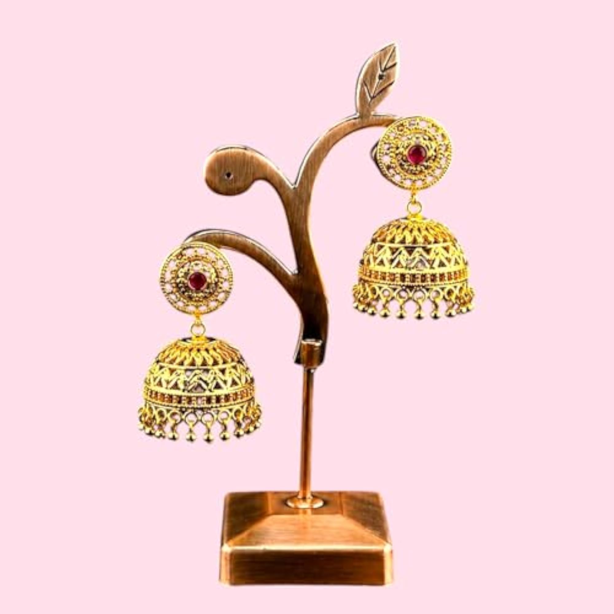 Gold Plated Copper Jhumka Earrings with American Diamond Stones