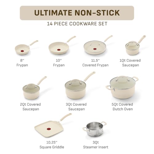 Image of T-fal Ultimate Non-Stick, 14 Piece Pots and Pans Cookware Set, Beige