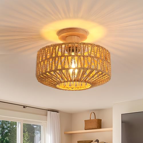 Toolight Plafonnier Salon, Plafonnier Rotin Suspension E27 Suspendu, Lustre Luminaire Boho avec Abat-jour en Rotin pour Salon Chambre Cuisine Couloir, Max 60W...