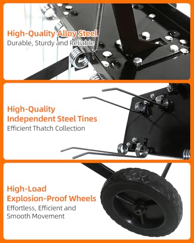 48\" Tow Behind Dethatcher, Pull Behind Lawn Dethatcher with 24 Rust-Proof Tines & Heavy-Duty Tires, Tow Behind Rake for Yard & Garden Thatch and Dead Grass Removal, Fits Lawn Tractors, ATV, UTV, Black