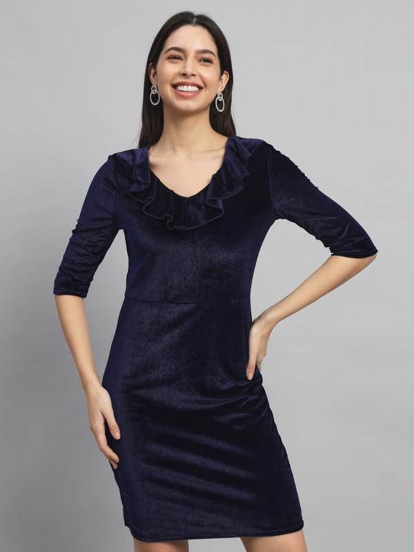 Image of Vaararo V-Neck Party Dress for Women Bodycon | Shiny Velvet Half Sleeves Above Knee Length Outfit