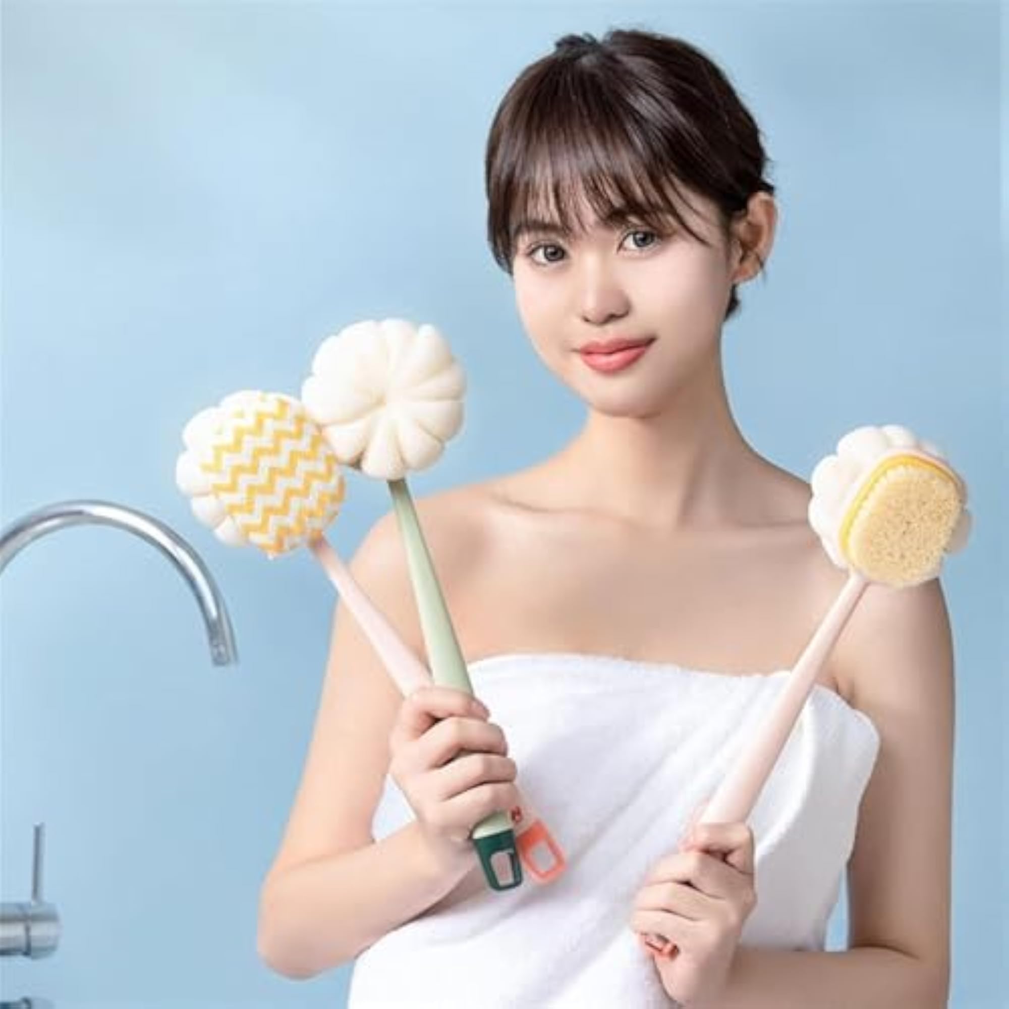 2 IN 1 Loofah Bath Brush, Back Scrubber with Curved Handle