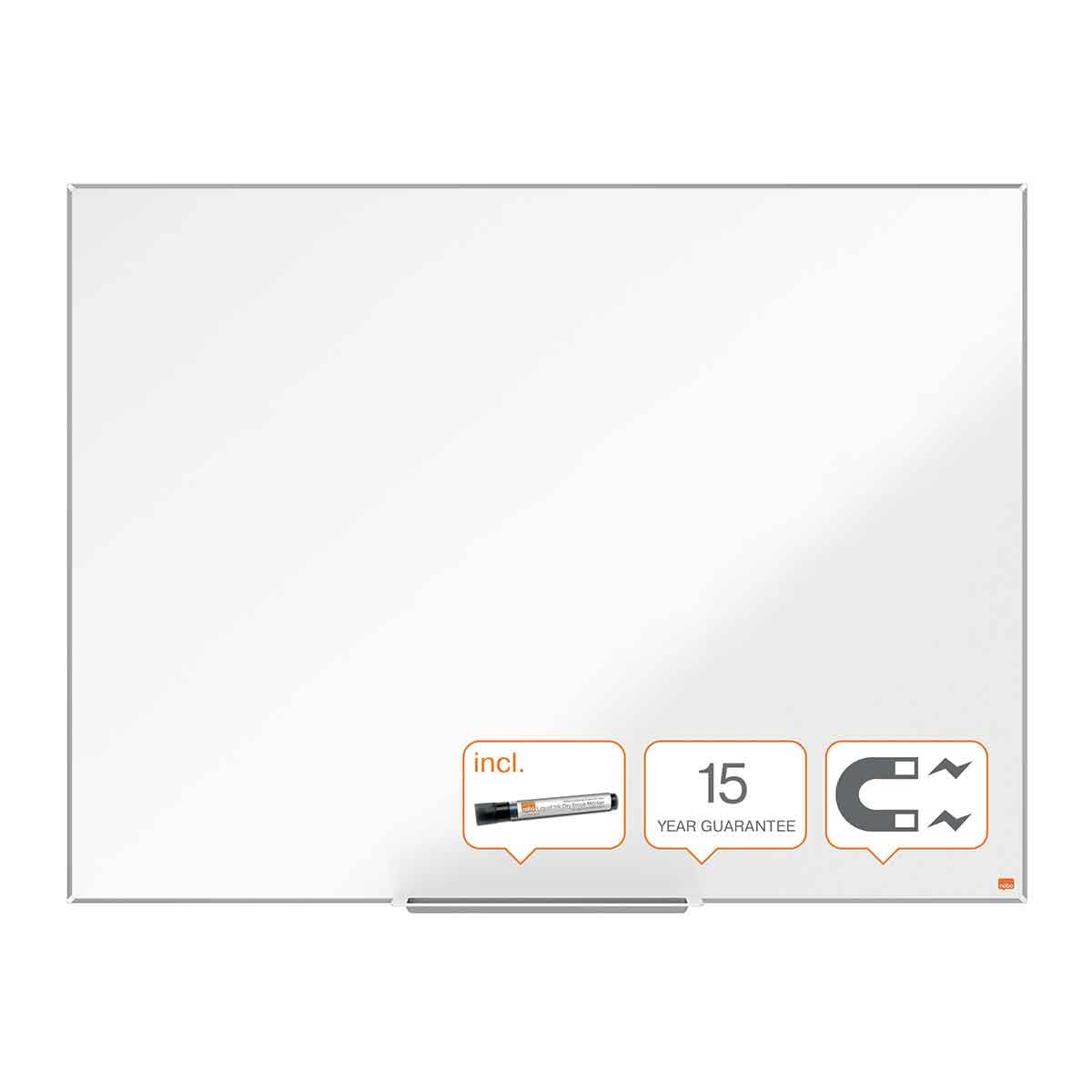 Tablica Nobo Nano Clean ze stali magnetycznej z półką na markery, 1200 x 900 mm, wąska ramka, system mocowania InvisaMount, Impression Pro, kolor biały, 1915403