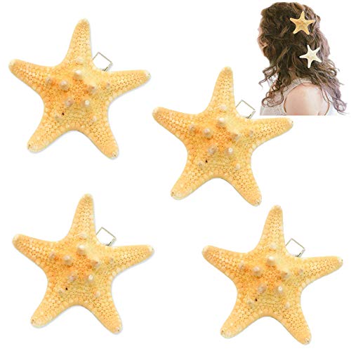4 Pack Starfish Hair Clip, Handmade Natural Sea Star Wedding Beige Hair Pins Decorative Bridal Hairpins Jewelry Set for Women Teen Girls Kids,Random Size