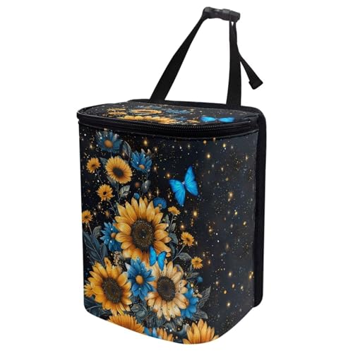 Image of Blue Butterfly Sunflower Print Car Trash Can - Foldable, Automotive Garbage Bin with Leak Proof Hanging Bag
