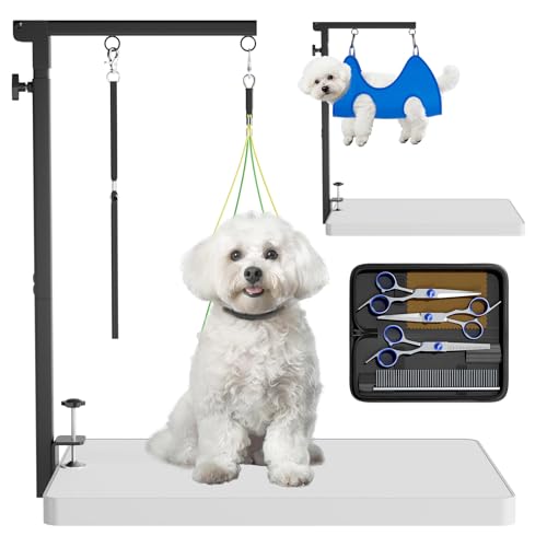 Foldable Dog Grooming Arm with Clamp - Adjustable Grooming Table Arm with No-Sit Holder & Hammock Includes Pet Grooming Scissors & Comb Set | for Small Medium Dogs | Home Use & Professional Salon