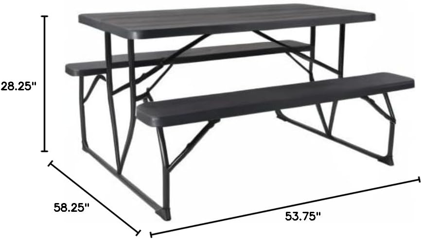 Flash Furniture Insta-Fold Picnic Table - Charcoal Wood Grain Folding Picnic Table Bench Set for Adults - 4.5 Foot Folding Table