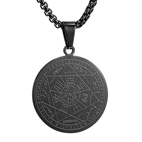 AFSTALR Collier Talisman de Médaille Sceau des 7 Archanges pour Homme Femme Pentagramme de Salomon Amulette de Protection Magique Noir