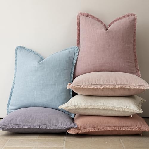 Image of Foindtower Set of 2 Decorative Linen Fringe Throw Pillow Covers Cozy Boho Farmhouse Cushion Cover with Tassels Soft Accent Pillowcase for Couch Sofa Bed Living Room Home Decor,24x24 Inch,Rose Pink