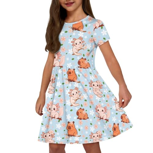 Image of Girls Dress with Pockets Basic Short Sleeve High Waist Swing Skater Dress School Party Dress for Kids