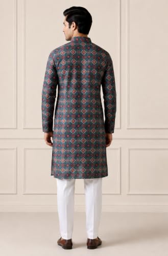 Image of FOXDX Men's Cotton Kurta, Ethnic Printed Kurta for Perfect Ethnic Look, Stand Collar Long Sleeve Casual Printed Regular Long Kurta