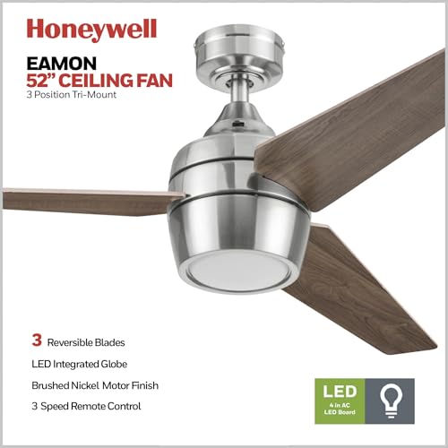 Honeywell Ceiling Fans Eamon Modern 52 Inch Ceiling Fan with Light, Remote Control Fan, LED Indoor Fan with 3 Blades, Brown Maple and Black Blade Finish Options, Brushed Nickel (50604-01) - image 2