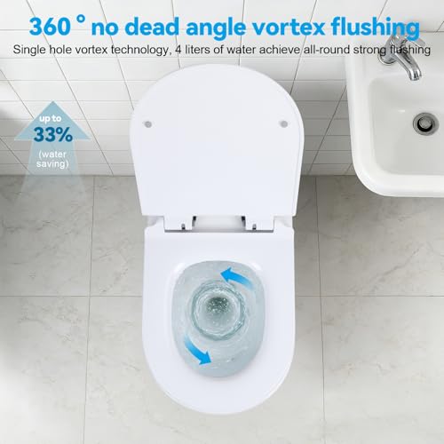 Inodoro de pared, inodoro monobloque con bidé sin tanque, asiento con cierre suave y descarga potente, capacidad 300KG, inodoro moderno blanco para baño y espacios pequeños miniatura 3