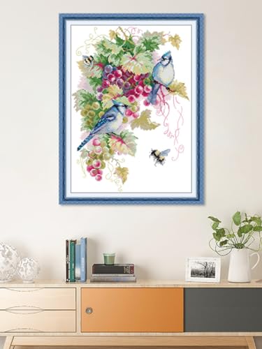 Image of Aiorkeng Cross Stitch Kits Stamped Full Range of Embroidery Starter Kits for Adults Beginners DIY Needlepoint Kit 11CT 3 Strands -Printed kit Blue Jays and Grapes(Printed) 16.1x21.7 inches