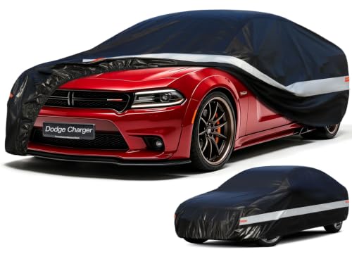 Image of Holhtly Car Cover Custom Fit for Dodge Charger， Car Covers for Automobiles All Weather Waterproof Sun Snow Rain Wind Dust Protection, Outdoor Car Cover Black & Grey
