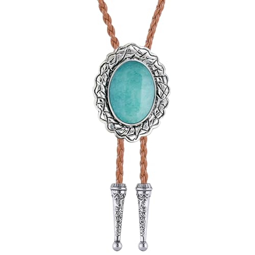 Image of Jeilwiy Bolo Tie for Men Real Stone Westwern Cowboy Ties Silver Bolos Women Leather Necktie Gift for Birthday Christmas