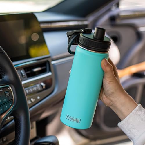 Image of koodee Water Bottle 2 Pack 26 oz Stainless Steel Double Wall Vacuum Insulated Metal Sports Water Bottle with Leakproof Spout Lid (Fuchsia Red-Teal)