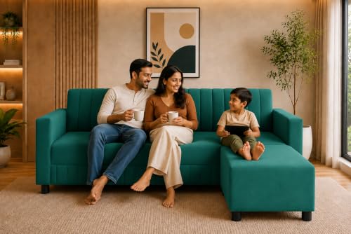 Image of Deco Studio 3 Seater Wooden Sofa with Ottoman | Modern Sofa Set for Living Room | Stylish Home Furniture Sofa with Comfortable Seating-Green