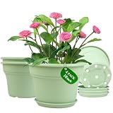 Pottiffe 10 Inch Plastic-Flower-Pot-for-Indoor-Plants, 4 Pack Large Outdoor Planter Pot with Drainage Holes & Saucers, Resin Decorative Garden Pots Planters
