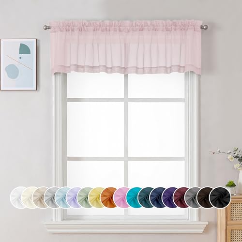 Image of Chyhomenyc Sheer Valances for Windows, Small Window Curtains for Living Room Bathroom Laundry Basement, Modern Dual Rod Pocket Voile Valance Curtain, 42W x 14L inches, 2 Pcs, Blush Pink