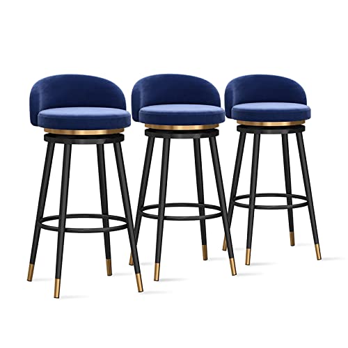 Taburetes de bar modernos de terciopelo, sillas giratorias de 360° con respaldo, juego de 3 elegantes taburetes de altura de barra de desayuno para isla de cocina y restaurante