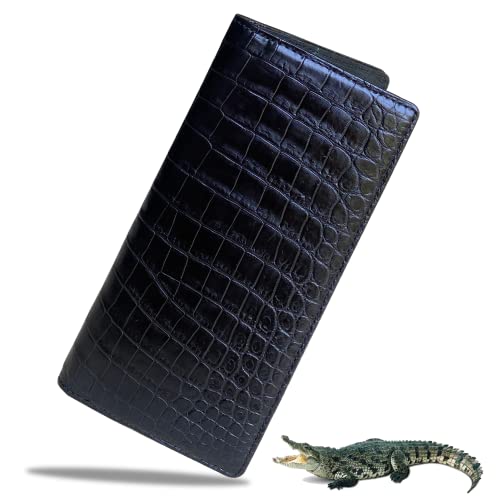 Long Wallets For Men Black Alligator Exotic Skin Wallets Rodeo Checkbook Cover Crocodile Slim Wallet RFID Blocking Multi Card Pocket Holder Extra Capacity with Smart Phone Handmade Gift LON11