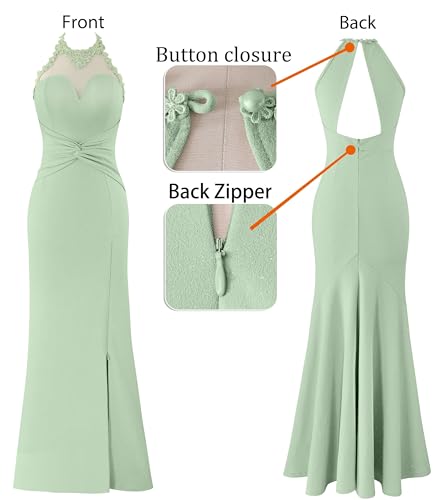 Image of VFSHOW Womens Formal Halter Keyhole Back Prom Gala Maxi Dress Evening Gown | Sexy Illusion Sweetheart Neck, High Slit, Wedding Guest, Applique, Twist Front Mermaid Dresses