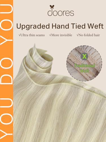Image of DOORES Weft Hair Extensions Human Hair, Virgin 20 Inch Ash Blonde Highlighted Platinum Blonde 60g, Hand Tied Genius Sew in Weft Extensions
