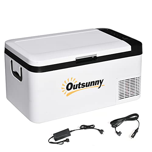 Outsunny Nevera Portátil Eléctrica 18L 12/24V hasta  20℃ Nevera y Congelador de Compresor para Coche con Luz LED y Asas Plegables Bajo Consumo Energético para Hogar Camping 58,5x33,5x29,2 cm Blanco