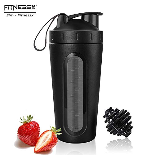 PLC020 - Coctelera de proteínas de Acero Inoxidable, 700 ml, con Bola de skala, Negro