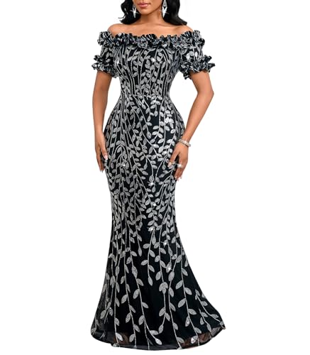 Image of dasmzper Women Sexy Sequin Off Shoulder Ruffle Short Sleeve Bodycon Mermaid Party Formal Evening Maxi Dress